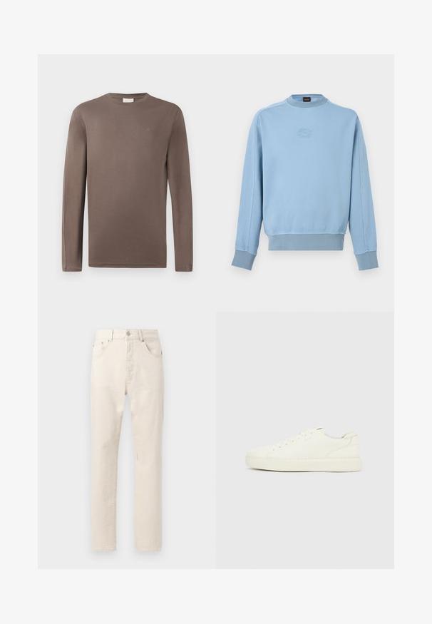 Sudadera de manga larga azul claro con puños y dobladillo acanalados, cuello redondo y un sutil logo tonal en el pecho.; Camiseta de algodón marrón de manga larga con cuello redondo; presenta un pequeño logo en el pecho y una textura suave y ligera.; Vaqueros de corte recto color blanco hueso con bolsillos delanteros, trabillas para cinturón y cierre de botón, mostrados sobre un fondo liso.; Zapatilla blanca de corte bajo con cordones en la parte delantera, empeine de cuero liso y suela gruesa de goma, vista desde el lado exterior sobre un fondo liso.