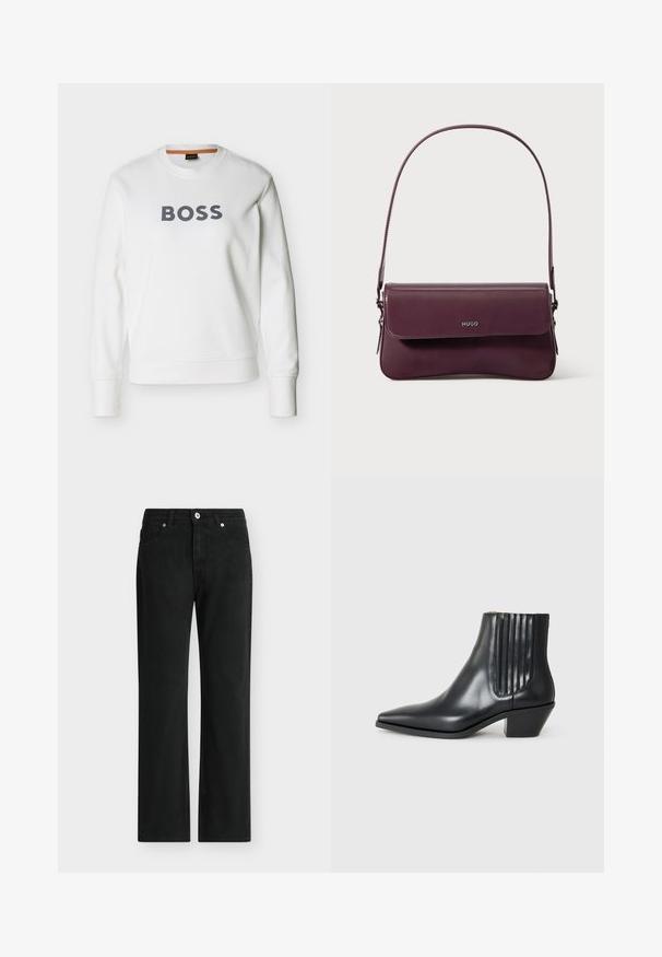Witte longsleeve trui met ronde hals en "BOSS" in dikke grijze letters centraal op de borst gedrukt.; Zwarte rechte jeans met knoop- en ritssluiting aan de voorkant, ontwerp met vijf zakken en riemlussen.; Zwarte leren enkellaars met spitse neus, elastische zijpanelen met verticale groeven en een lage blokhak. Glad oppervlak en slank ontwerp.; Bordeauxrode leren handtas met een gestructureerd ontwerp, voorzien van een klepsluiting en een verstelbare riem. Logo detail geperst aan de voorkant.