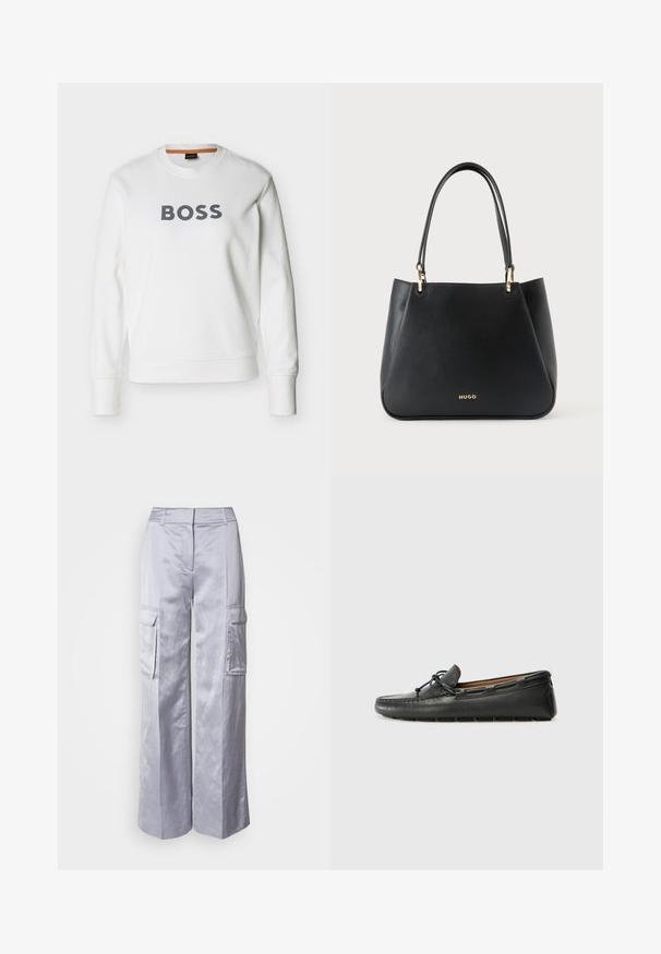 Witte longsleeve trui met ronde hals en "BOSS" in dikke grijze letters centraal op de borst gedrukt.; Lichtgrijze wijde cargobroek van gladde stof, met zijzakken, een getailleerde tailleband en geen zichtbare sluitingen of ritsen.; Zwarte leren bootshoe met een ronde neus, gestikte details, een kleine strikaccent en een rubberen zool. Soepele textuur en gestroomlijnd ontwerp.; Zwarte leren handtas met twee hengsels, gouden hardware en het "HUGO"-logo middenvoor tegen een effen lichte achtergrond.