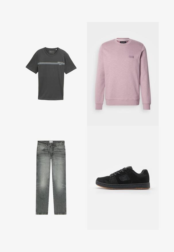 Lichtroze sweatshirt met een ronde hals en lange mouwen. Bevat een subtiele structuur en een klein rechthoekig merklabel op de borst.; Grijze katoenen T-shirt met korte mouwen, ronde hals, featuring horizontale strepen in blauw, wit en groen over de borst, met opdruk van het logo.; Wrangler FRONTIER - Straight leg jeans - marshall; Zwarte suède skate schoenen met een laag profiel ontwerp, voorzien van een rubberen zool, textuuraccenten en een logo aan de zijkant, gecombineerd met grijze veters.