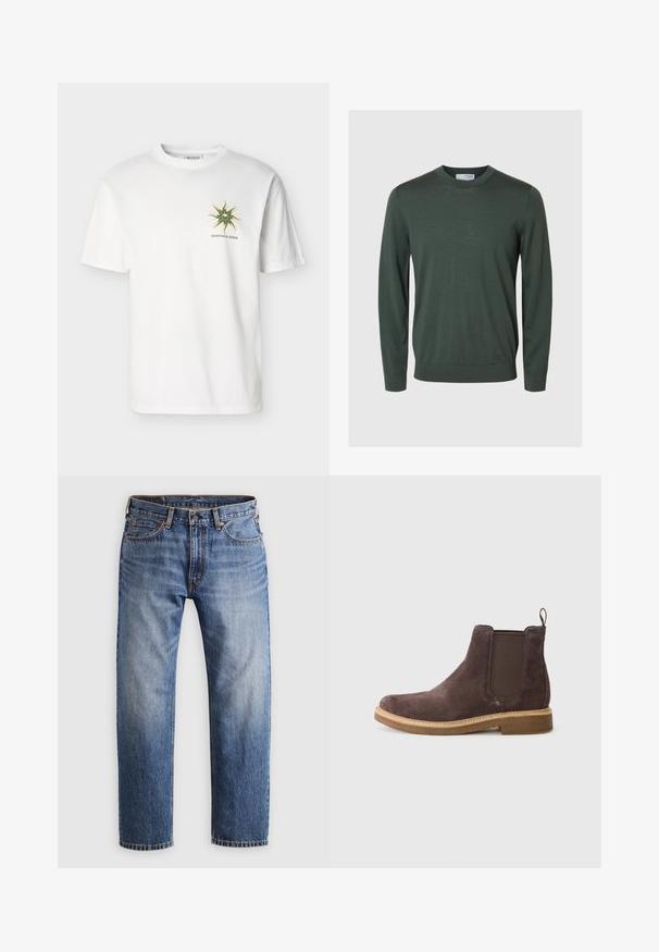 Selected SLMTRAY LS KNIT MERINO CREW NECK NOOS - Πουλόβερ - deep forest; Λευκό t-shirt με κοντά μανίκια και στρογγυλή λαιμόκοψη, με μικρό πράσινο και κίτρινο σχέδιο ηλιακών ακτίνων και το κείμενο "Scotch & Soda" στο αριστερό στήθος.; Τζιν παντελόνι με ίσια γραμμή σε μπλε χρώμα, με κλείσιμο κουμπιού και φερμουάρ, πέντε τσέπες και πορτοκαλί ραφές σε ανοιχτό γκρι φόντο.; Καφέ σουέτ μπότες Chelsea με ελαστικά πλαϊνά πάνελ, βρόχο στο τακούνι και μπεζ καουτσούκ σόλα. Λείος υφασμάτινος σχεδιασμός και κομψή σιλουέτα.