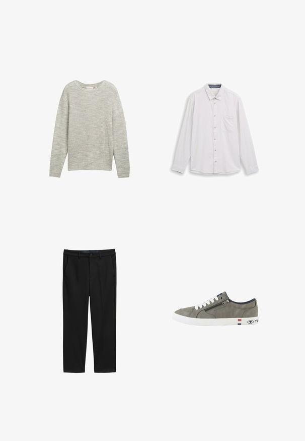 Lys grå strikket sweater med rund hals, lange ærmer og et struktureret mønster. Har ribbede manchetter og kant for ekstra detaljer.; Hvid langærmet skjorte med knapper, brystlomme og krave, vist mod en hvid baggrund.; Sorte bukser med lige snit, lavet af tekstureret stof. Har to forlommer og en knaplukning i taljen.; Grå lavtop-sneaker med hvide snørebånd, sidelås og hvid sål med røde, hvide og blå striber samt Tom Tailor-branding.