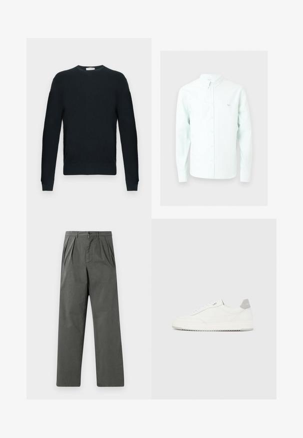 Pull noir tricoté avec un col rond, des manches longues et un motif texturé. Comprend un ourlet et des poignets côtelés.; Chemise bleu clair à manches longues avec col et petit logo renard brodé sur le côté gauche de la poitrine.; Pantalons légers plissés en coton gris foncé avec une coupe droite. Comprend une fermeture à bouton à l'avant et des passants de ceinture.; Baskets basses blanches avec un onglet de talon gris, des lacets blancs et une semelle texturée, présentées sur un fond uni clair.