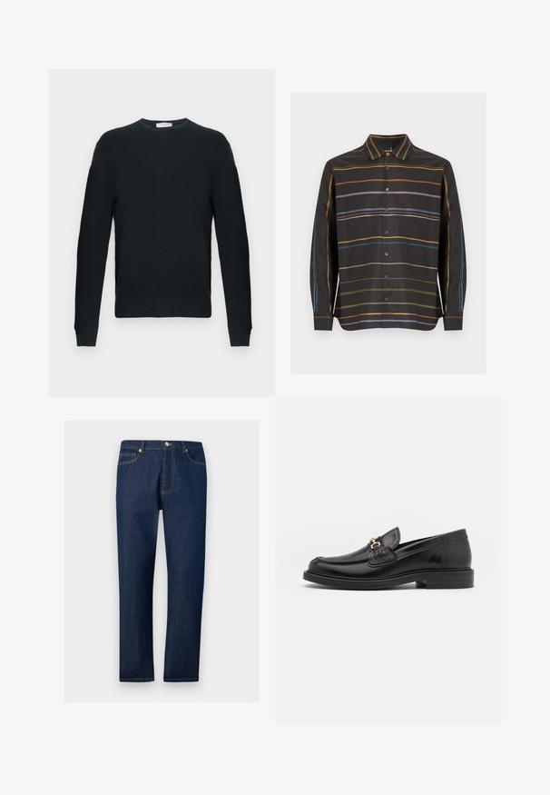 Pull noir tricoté avec un col rond, des manches longues et un motif texturé. Comprend un ourlet et des poignets côtelés.; Chemise noire à manches longues et boutonnée, avec de fines rayures horizontales orange, violette, bleue et vert olive sur le devant et les manches.; Jean droit en denim bleu foncé avec poches avant et arrière, passants pour ceinture et fermeture par bouton à la taille.; Mocassins en cuir noir avec un embout rond, présentant des accents en métal doré et des détails de couture, montés sur une semelle en caoutchouc texturé et basse.