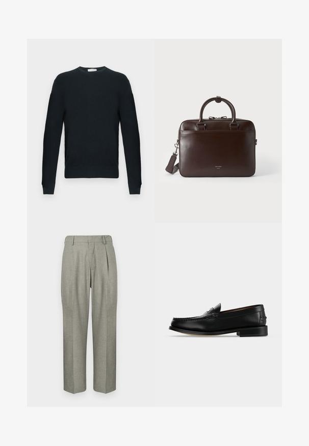 Pull noir tricoté avec un col rond, des manches longues et un motif texturé. Comprend un ourlet et des poignets côtelés.; Pantalons gris clair en tissu texturé. Ils présentent une coupe droite, des plis à l'avant et une taille plate.; Mocassin homme en cuir noir avec un petit talon et une couture de style mocassin sur l'avant, vu de côté sur un fond uni.; Serviette en cuir brun foncé avec deux poignées, une bandoulière détachable et un petit logo à l'avant sur un fond uni.