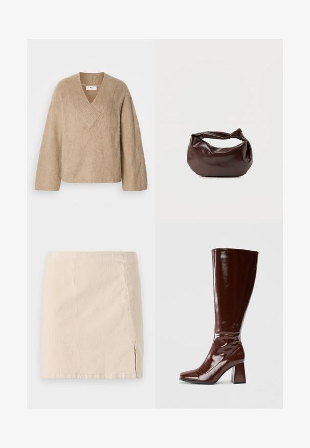 Pull en tricot beige duveteux avec un large col en V et des manches longues, présenté sur un fond blanc.; Jupe mini en velours côtelé beige avec une texture à côtes verticales, dotée d'une fente sur le côté pour un détail supplémentaire. L'ourlet est droit et cousu de manière uniforme.; Bottes en cuir verni marron jusqu'aux genoux avec un bout carré, finition brillante et un talon épais pour la stabilité. Design sans couture sans matériel visible.; Sac bandoulière en cuir marron foncé avec une forme souple et décontractée et une anse nouée torsadée sur un fond blanc uni.