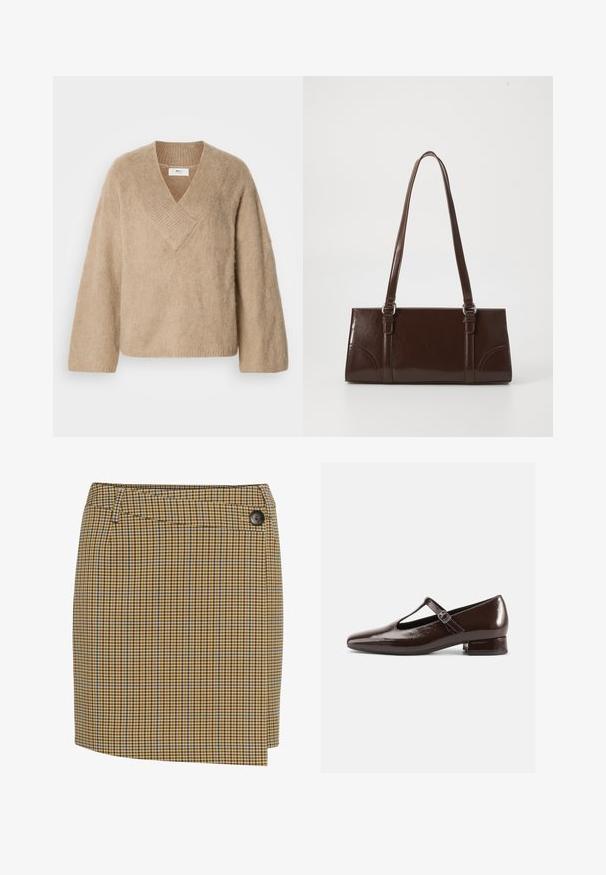 Beige fuzzy striktrøje med bred V-hals og lange ærmer, præsenteret på en hvid baggrund.; Brun og gulternet nederdel med blå detaljer. Har en lige skæring, sidelukning med knapper og glat tekstur.; Brune Mary Jane-sko i laklæder med en rundet tå, udskæringsdesign og justerbar rem. Lav blokhæl.; Brun lakeret håndtaske med rektangulær form, to lange håndtag og subtile buede detaljer på fronten.