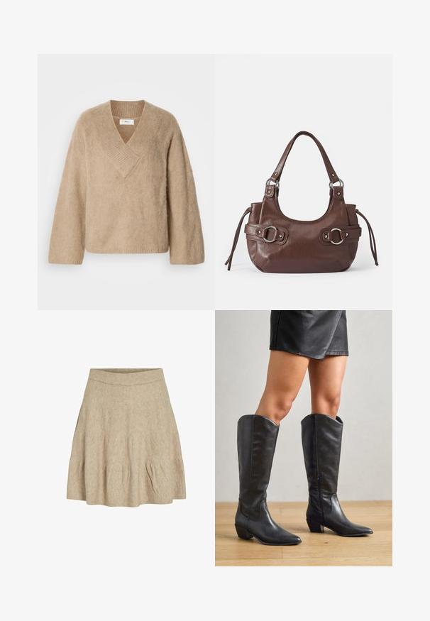 Beige fuzzy gebreide trui met brede V-hals en lange mouwen, weergegeven op een witte achtergrond.; Een korte, beige rok gemaakt van een zachte, gestructureerde stof met een geribbeld tailleband en een lichte plooiing bij de zoom.; Zwarte kniehoge laarzen van glad leer, met een puntige neus, lage blokhak en een ritssluiting aan de zijkant voor gemakkelijke aan- en uittrekking.; Bruine leren handtas met ronde vorm, zilveren hardware, twee zijriemen en een gladde textuur. Beschikt over een enkele handgreep aan de bovenkant.