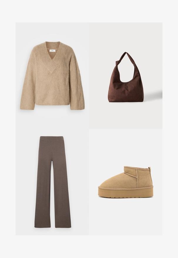 Beige, flauschiger Strickpullover mit weitem V-Ausschnitt und langen Ärmeln, auf einem weißen Hintergrund präsentiert.; Gerippte Wide-Leg-Hose in Dunkelbraun, mit elastischem Bund und weichem, strukturiertem Stoff.; Beige Wildleder-Stiefeletten mit runder Zehenform, minimaler Nähte und einer hellbraunen Gummisohle mit strukturiertem Muster.; Braune strukturierte Stoffhandtasche mit einem einzelnen Griff, der zu einem Knoten gebunden ist, vor einem einfachen hellen Hintergrund dargestellt.