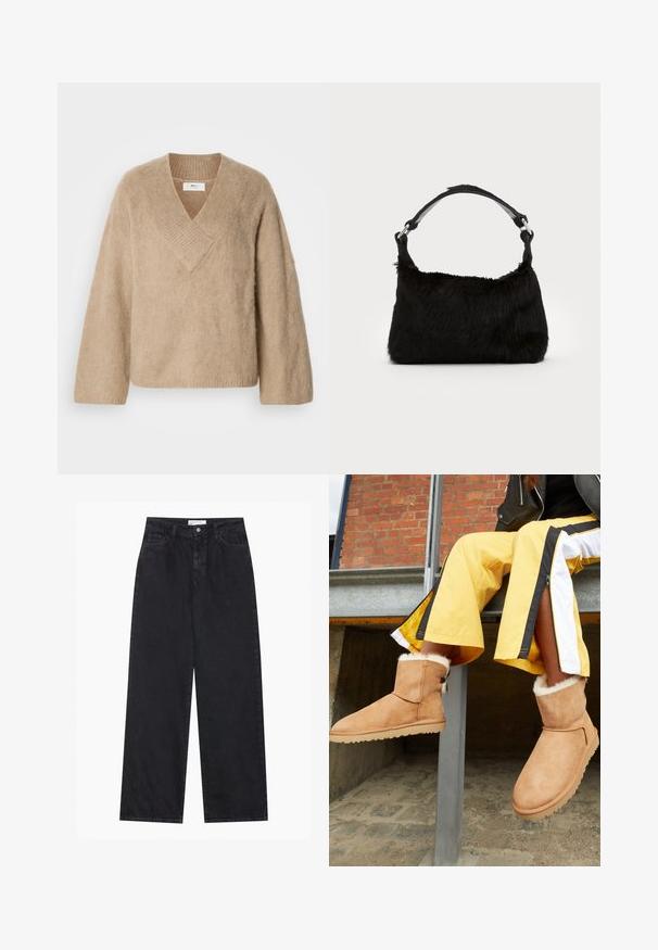 Pull en tricot beige duveteux avec un large col en V et des manches longues, présenté sur un fond blanc.; Jeans en denim noirs taille haute à jambes larges avec fermeture à bouton et zip à l'avant, passants de ceinture et style à cinq poches.; Bottines en suede marron clair avec doublure intérieure duveteuse et semelles en caoutchouc plates, exposées à côté d'un pantalon de sport jaune avec des rayures noires et blanches.; Sac à main en fausse fourrure noire avec une texture douce, une forme arrondie et une bandoulière en cuir noir robuste. Accent en métal argenté visible.
