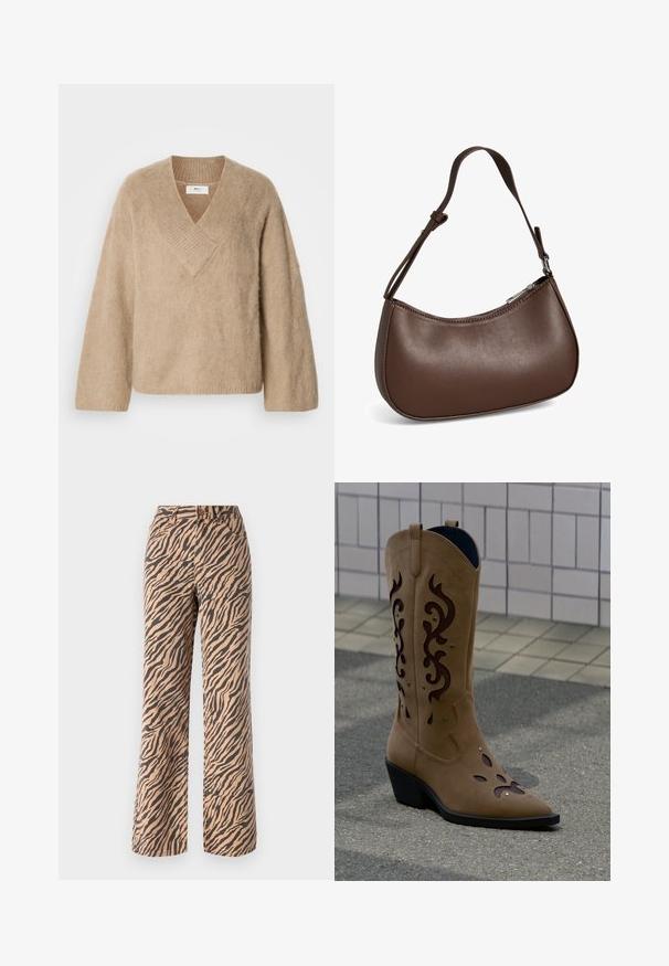 Beige, flauschiger Strickpullover mit weitem V-Ausschnitt und langen Ärmeln, auf einem weißen Hintergrund präsentiert.; Weite Hosen mit einem Tigermuster in Braun- und Schwarztönen, mit normaler Taille und fünf Taschen.; Beiger Wildleder-Cowboystiefel mit dunkelbraunen dekorativen Ausschnitten und Nähten, stehend auf Gehweg vor gefliester Wand.; Kleine braune Lederschultertasche mit verstellbarem Riemen und Reißverschluss, vor weißem Hintergrund. Kein sichtbares Branding oder Verzierung.