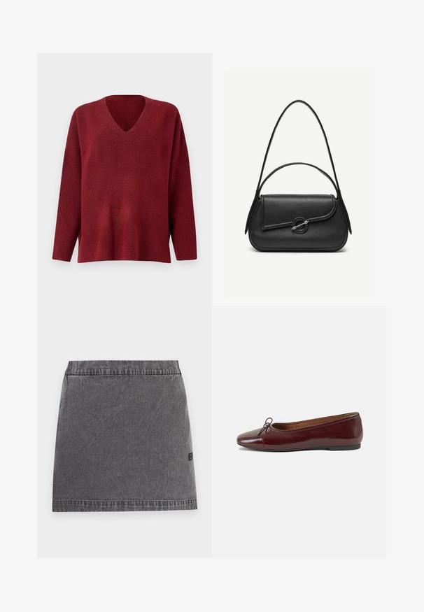 Rød v-hals pullover trøje med lange ærmer, lavet af blødt tekstureret stof, med en afslappet pasform og sidesplitter ved sømmen.; Mørkegrå denim mininederdel med lige snit, elastisk talje og subtile syningsdetaljer på ensfarvet baggrund.; Bordeaux patentlæder balletflad med rund tå, lille sløjfeaccent foran og en lav, sort gummisål. Glat tekstur.; Sort læderhåndtaske med afrundede kanter, asymmetrisk klap, metalcirkulært spænde samt både korte og lange skulderstropper.
