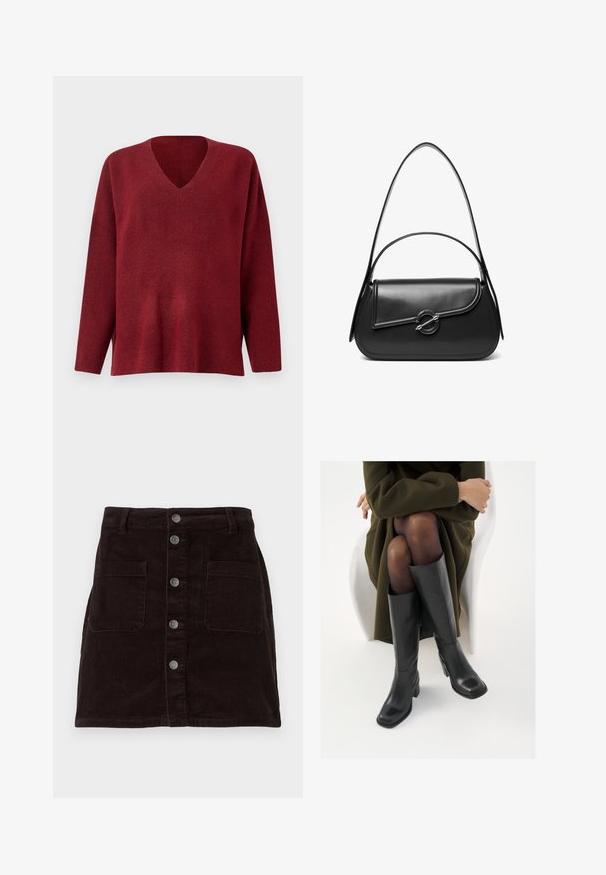 Roter Pullover mit V-Ausschnitt und langen Ärmeln, aus weichem, strukturiertem Stoff gefertigt, mit lässigem Schnitt und Seitenschlitzen am Saum.; Brauer Corduroy-Rock mit figurbetontem Design, vorderer Knopfverschluss, zwei seitlichen Taschen und vertikaler Rippstruktur über die gesamte Fläche.; Knöchelhöhe schwarze Lederstiefel mit quadrater Spitze und Blockabsatz, gezeigt mit einem Modell, das einen olivgrünen Mantel trägt. Glatte Textur, minimale Details.; Schwarze Lederschultertasche mit einer geschwungenen Klappe, die durch einen runden Metallverschluss gesichert ist, und einem schlanken, verstellbaren Riemen.