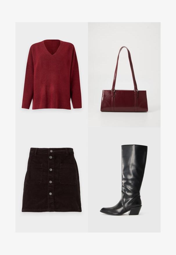 Rød v-hals pullover trøje med lange ærmer, lavet af blødt tekstureret stof, med en afslappet pasform og sidesplitter ved sømmen.; Brun corduroy nederdel med et tætsiddende design, frontlukning med knapper, to sidelommer og lodret ribbet tekstur hele vejen igennem.; Sorte læder knæhøje støvler med spids tå, vinklet hæl og glat tekstur. Funktioner en subtil syning langs siden.; Bordeaux håndtaske lavet af glansfuldt materiale, rektangulær form, med to skulderremme og subtile buede detaljer på forsiden.
