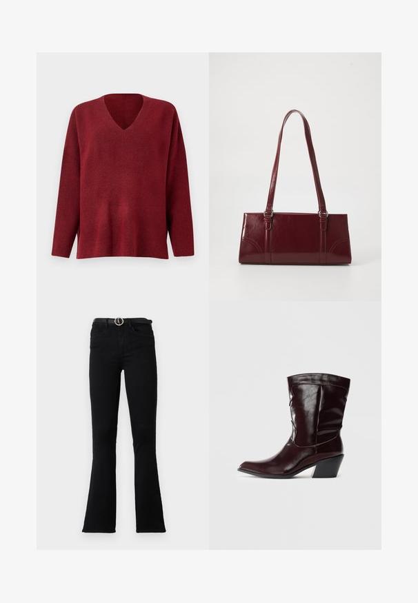 Pull-over v neck rouge à manches longues, fabriqué en tissu texturé doux, offrant une coupe décontractée et des fentes sur les côtés à l'ourlet.; Jean évasé noir en denim, avec une taille ajustée, des poches avant et une ceinture à boucle argentée. Le tissu a une texture lisse.; Bottines en cuir bourgogne avec un bout pointu, une surface texturée et un petit talon effilé. Présente une couture discrète et un ajustement confortable.; Sac à main bordeaux en matériau brillant, de forme rectangulaire, avec deux anses et des accents légèrement courbés à l'avant.