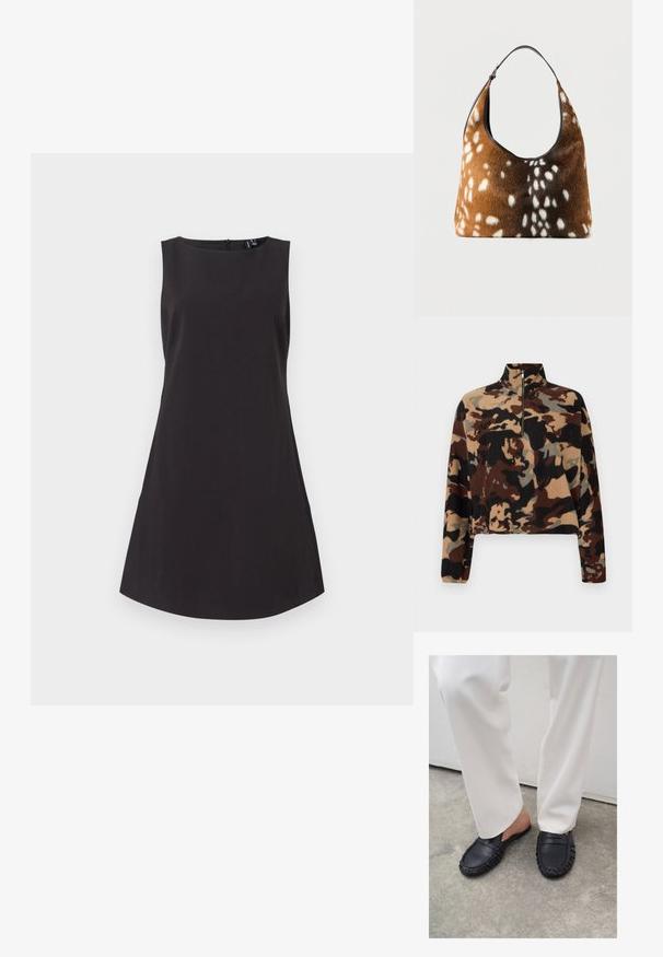 Langærmet fleece-pullover med brun, sort og beige camouflage-mønster, med halv-lynlås krave og elastiske manchetter.; Sort ærmeløs kjole med rund hals og en flared silhuet. Fremstillet af glat stof med en skjult lynlås bagpå.; Person iført hvide bukser og sorte læder slip-on loafers, der står på betongulv.; Brun og sort håndtaske med hvid pletskindtekstur og en enkelt sort skulderrem på en ensfarvet baggrund.