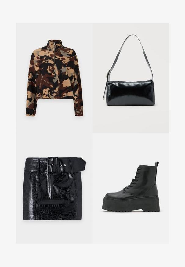 Langærmet fleece-pullover med brun, sort og beige camouflage-mønster, med halv-lynlås krave og elastiske manchetter.; Sort faux læder mini nederdel med krokodillemønster, bredt bælte med firkantet spænde og trykknapdetalje i taljen.; Sorte ankelstøvler med en kraftig platformssål, lavet af glat læder, med snørebåndsdesign og en træktab bagpå.; Sort rektangulær skuldertaske med en enkelt justerbar rem og lynlås i toppen på en ensfarvet baggrund.