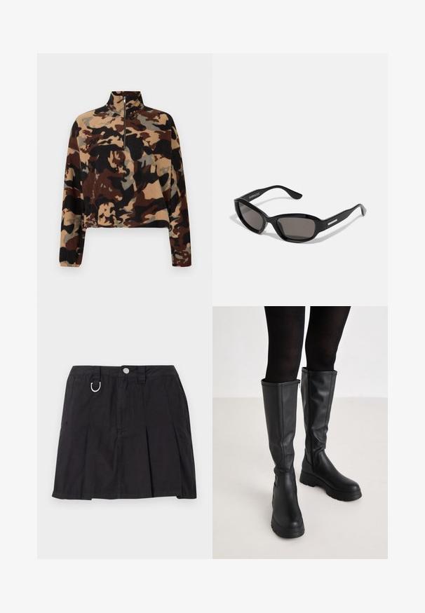 Langærmet fleece-pullover med brun, sort og beige camouflage-mønster, med halv-lynlås krave og elastiske manchetter.; Sort plisseret nederdel lavet af bomuld, med frontknaplukning, bæltestropper og en D-ring detalje i taljen.; Even&Odd by Zalando Plateaustøvler - black; Sorte solbriller med rektangulært stel, mørke linser, glat plastmateriale og en metalaccent på templet.