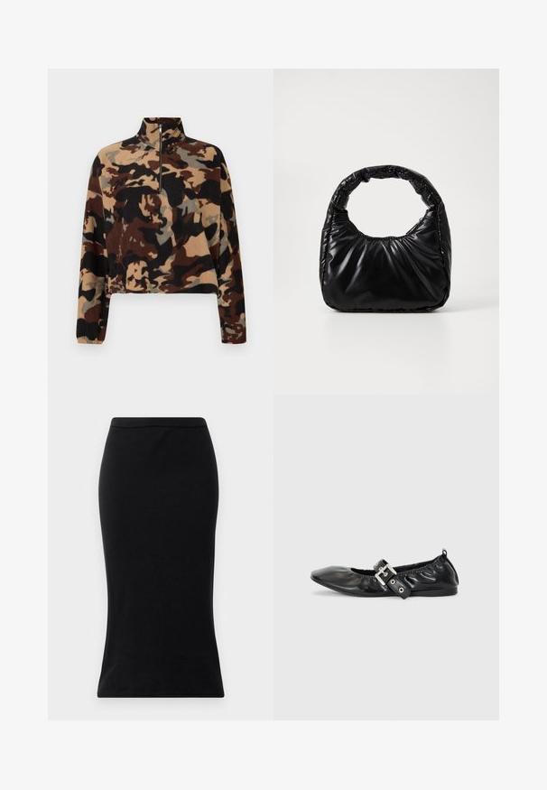 Langærmet fleece-pullover med brun, sort og beige camouflage-mønster, med halv-lynlås krave og elastiske manchetter.; Sorte højtaljede blyantskirt lavet af glat stof, med en tætsiddende silhuet og en ren, strømlinet kant uden dekorationer.; Sorte læder flade sko med spids tå, samling detaljer omkring åbningen, og en sølv spænde accent på den justerbare rem.; Sort polstret håndtaske med et rundt håndtag, der har en glat, skinnende overflade og en blød, kviltet tekstur. Ingen synlige hardware eller accenter.
