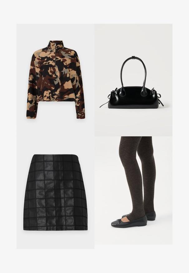 Sudadera de forro polar de manga larga con un patrón de camuflaje en marrón, negro y beige, que presenta un cuello con media cremallera y puños elásticos.; Minifalda de cuero negro con un patrón de cuadrícula texturizado, presenta costuras elevadas y una silueta ajustada. El acabado liso realza el diseño.; Piernas con leggings oscuros acanalados combinados con bailarinas negras que presentan pequeños detalles de lazo sobre un fondo blanco.; Pequeño bolso negro brillante con dos asas largas y detalles de cordón lateral sobre un fondo claro liso.