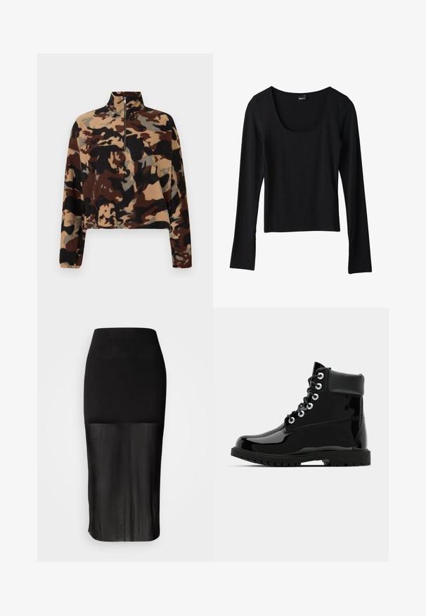 Langærmet fleece-pullover med brun, sort og beige camouflage-mønster, med halv-lynlås krave og elastiske manchetter.; Sort langærmet top med rund halsudskæring, letvægtsstof, tætsiddende pasform og lige kant, med en glat tekstur.; Sort midi-nederdel med en tætsiddende talje, der har et gennemsigtigt underpanel. Glat tekstur med en elegant silhuet og uden synlige mønstre.; Sorte skinnende ankelstøvler med en glat laklæderfinish, rund tå, seks snøreøjer og en robust gummisål.