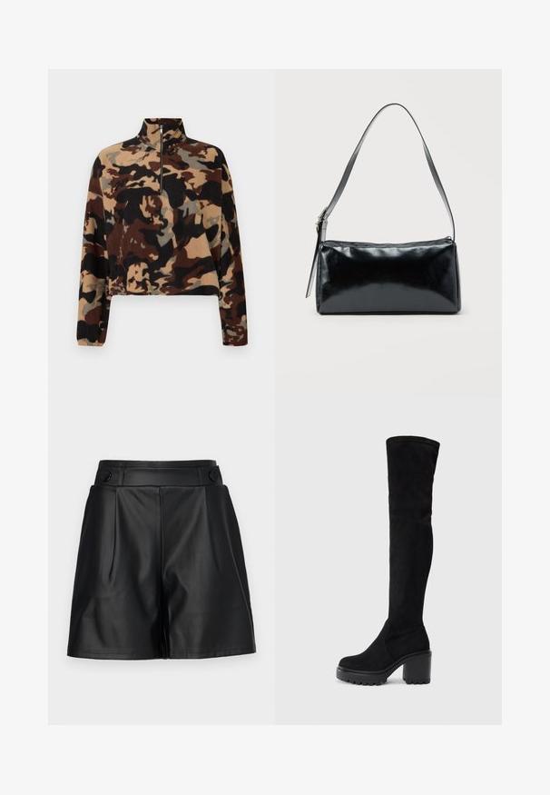Pull-over en polaire à manches longues avec un motif camouflage brun, noir et beige, doté d'un col zippé mi-hauteur et de poignets élastiques.; Shorts en simili cuir noir avec un devant plissé, des jambes larges et des détails en boutons sur la taille. Texture lisse, design soigné.; Botte en suède noire au-dessus du genou avec un talon bloc épais et une semelle crantée, vue de profil sur fond clair uni.; Sac d'épaule rectangulaire noir avec une sangle réglable unique et une fermeture éclair supérieure sur un fond uni.