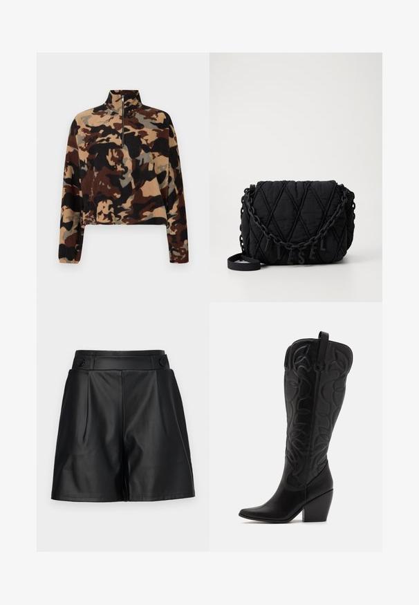 Langærmet fleece-pullover med brun, sort og beige camouflage-mønster, med halv-lynlås krave og elastiske manchetter.; Sorte faux lædershorts med plisseret front, brede ben og knapdetaljer på taljen. Glat tekstur, skræddersyet design.; Sorte knæhøje støvler i læder med spids snude og lagdelt hæl. Har dekorative syninger og buede designelementer.; Sort quiltet crossover-taske med diamantmønster, der har en kraftig kædestrop med bogstavcharms, der staver "DIESEL."