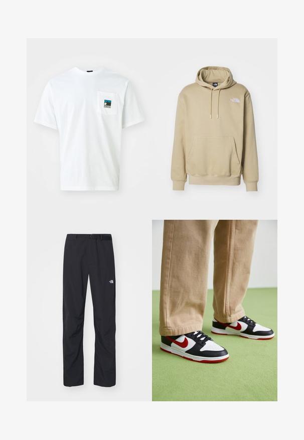 Sudadera beige hecha de una tela suave, que cuenta con un bolsillo frontal, cordones ajustables y un pequeño logotipo blanco en la parte superior izquierda.; Camiseta de algodón blanca de manga corta, que presenta un bolsillo en el pecho con un gráfico a color de montañas y el texto "THE NORTH FACE."; The North Face ABUKUMA PANT - Pantalones - black; Las zapatillas Nike Dunk presentan un diseño de cuero negro con acentos rojos y un swoosh blanco. La suela es roja, con una puntera blanca texturizada.