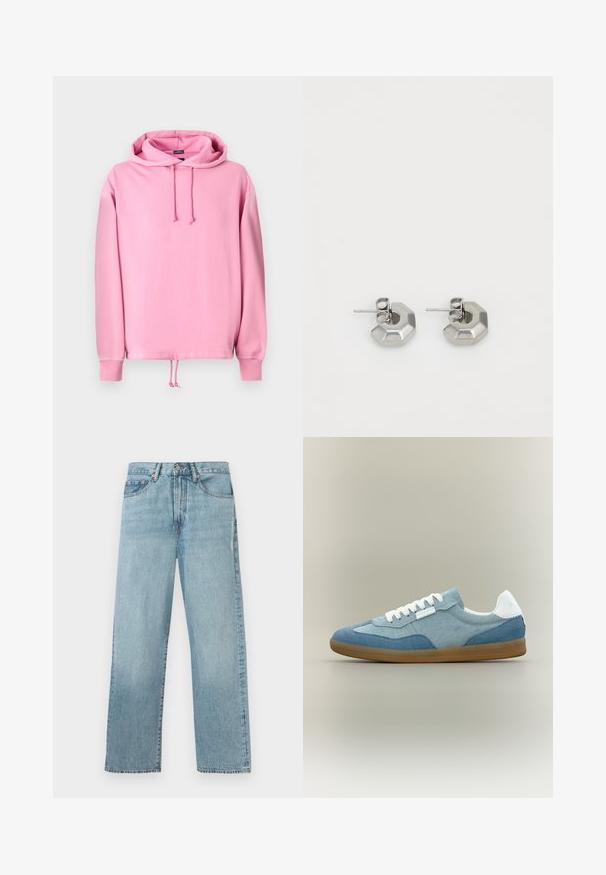 Hoodie rose en tissu doux avec une capuche à cordon, des poignets côtelés et un cordon au bas pour ajuster l'ajustement. Texture lisse.; Jean en denim bleu clair à coupe droite, doté de cinq poches et d'une fermeture bouton à la taille.; Baskets basses décontractées avec des panneaux en tissu bleu clair et bleu foncé, lacets blancs, languette de talon blanche et semelle en caoutchouc marron sur fond neutre.; Boucles d'oreilles en métal argenté avec une forme hexagonale angulaire, présentant une finition polie et un système de fixation à tige sécurisé.