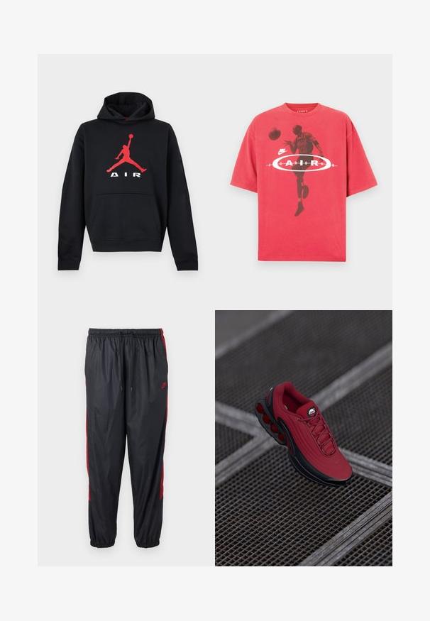Sort hættetrøje med frontlomme og rødt silhuetlogo af en basketballspiller, der hopper og holder en bold, med teksten "AIR" nedenunder.; Rød bomulds-t-shirt med rund hals, løs pasform og et grafisk tryk af en basketballspiller med teksten "Jordan" og Nike-logo.; Sorte Nike træningsbukser med røde sidelister, elastisk taljebånd med snøre og elastiske manchetter.; Rød sneakers med en tekstureret overdel, der har sorte accenter og et fremtrædende design med luftcushioning sål. Snørebånd og logo er synlige ovenpå.