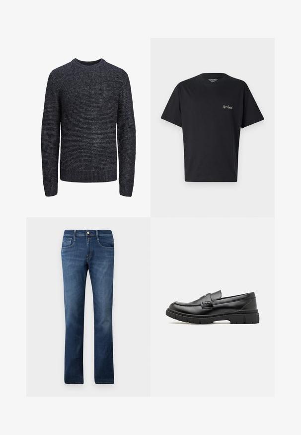 Schwarzer und grauer gesprenkelter Strickpullover mit langen Ärmeln sowie gerippten Bündchen, Saum und Rundhalsausschnitt, präsentiert vor einem weißen Hintergrund.; Schwarzes Baumwoll-T-Shirt mit Rundhals, kurzen Ärmeln und einem kleinen gestickten Logo in einer kontrastierenden Farbe auf der Brust.; Blaue Denim-Jeans mit geradem Schnitt, ausgestattet mit Fronttaschen, einem Reißverschluss und einem Knopfverschluss. Mittlere Waschung mit subtilen Ausbleichungen.; Schwarze Lederloafer mit einem breiten Riemen über dem Rist, Gummisohle mit dicken Profilen und glatter Textur. Klassisches, schlankes Design.