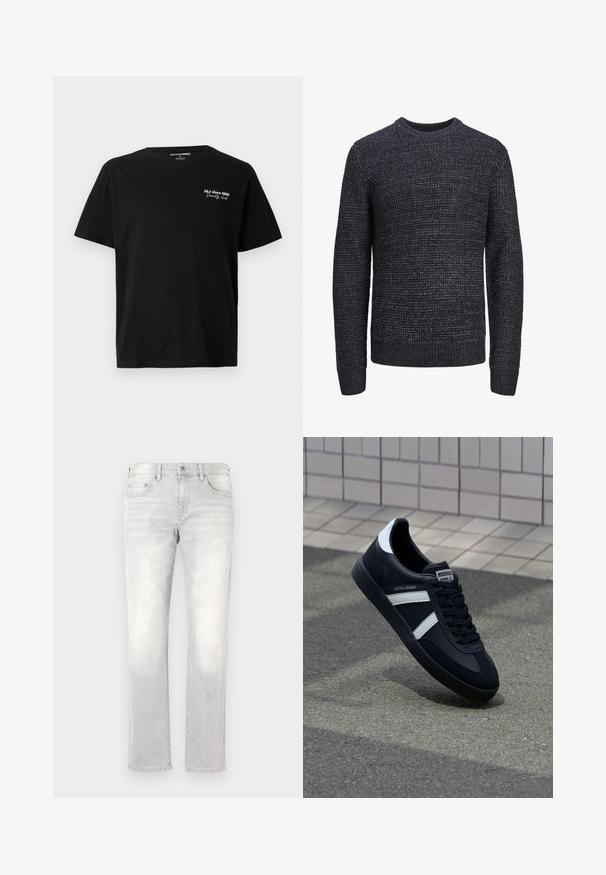Zwarte en grijs gevlekte gebreide trui met lange mouwen en geribbelde manchetten, zoom en ronde halslijn, weergegeven op een witte achtergrond.; Zwarte katoenen T-shirt met korte mouwen en witte tekst "J&J since 1990 Society Club" op de bovenste linkerborst en een ronde hals.; Lichtgrijze denim jeans met een recht model, subtiele vervaging, achterzakken en een enkele achterzak. Klassieke knoop- en ritssluiting.; Zwarte leren sneaker met witte strepen, een gestructureerde rubberen zool en vetersluiting aan de voorkant. Voorzien van een merklabel op de tong.