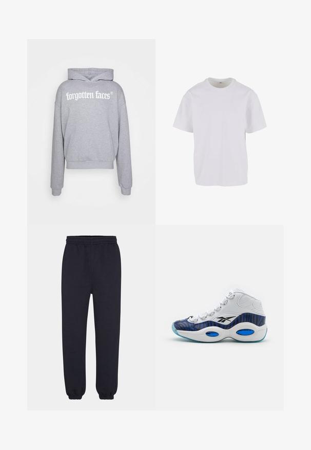 Grau kapuzensweatshirt aus weichem Material, mit einer Fronttasche und weißem Logo-Text "forgotten faces" in fetter Schrift über der Brust.; Weißes kurzärmeliges T-Shirt aus weicher Baumwolle, mit rundem Ausschnitt und lockerer Passform sowie geradem Saum. Keine Muster oder Akzente sichtbar.; Navyblaue Jogginghosen mit elastischem Bund, schmal zulaufenden Beinen und gerippten Bündchen. Hergestellt aus weichem Baumwollmaterial mit glatter Textur.; Hochschuh mit oberem Teil aus weißem Leder, blauem und schwarzem Zebra-Muster, ausgestattet mit einer hellblauen, durchsichtigen Laufsohle.