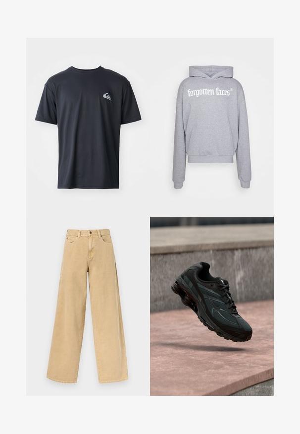 Grau kapuzensweatshirt aus weichem Material, mit einer Fronttasche und weißem Logo-Text "forgotten faces" in fetter Schrift über der Brust.; Schwarzes T-Shirt mit kurzen Ärmeln aus einem glatten Stoff, mit einem kleinen weißen Logo auf der linken Brustseite. Reguläre Passform mit Rundhalsausschnitt.; Beige High-Waist-Jeans mit weitem Bein, vorn mit Knopf und Reißverschluss, Gürtelschlaufen und Taschen, auf einfarbigem Hintergrund.; Schwarzer athletischer Sneaker mit sichtbarer Air-Cushioning-Zwischensohle, der über einer rosa Steinoberfläche mit grauer Steinmauer im Hintergrund schwebt.