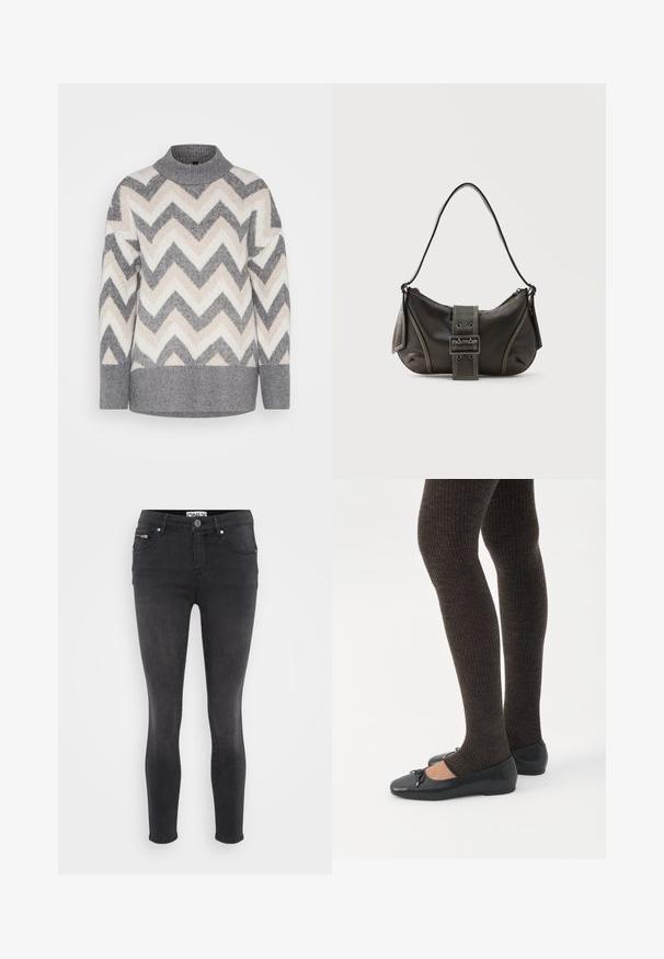 Gebreide trui in grijs, beige en wit met een chevronpatroon. Heeft een opstaande kraag en ribgebreide manchetten en zoom voor textuur en pasvorm.; Zwarte skinny jeans van denim. Voorzien van een knoopsluiting aan de voorkant en een ritszak op de taille. Soepele textuur met minimale vervaging.; Benen met donkere geribbelde leggings gecombineerd met zwarte ballerina's met kleine strikdetails op een witte achtergrond.; Zwarte leren schoudertas met gespsluiting aan de riem, afgeronde hoeken en contrasterende witte stiksels op een effen achtergrond.
