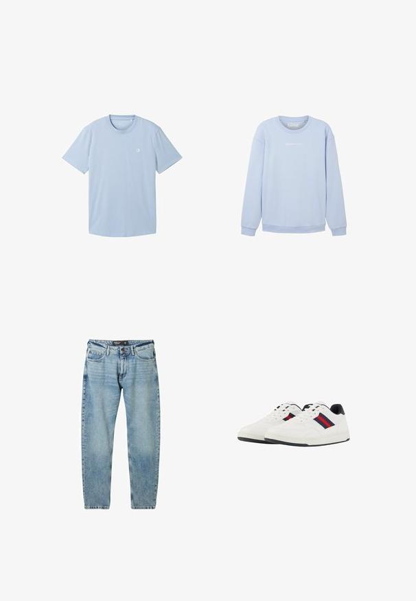 Sudadera de color azul claro con mangas largas, cuello redondo y texto blanco de logo en el pecho. Fabricada en una suave mezcla de algodón.; Camiseta de manga corta azul claro hecha de tejido suave, con escote redondo y un pequeño logo en la parte izquierda del pecho. Textura lisa.; Vaqueros de denim azul claro con un corte holgado, diseño de cinco bolsillos y costuras en contraste. Cuenta con un cierre de botón y un corte recto.; TOM TAILOR Zapatillas - white navy