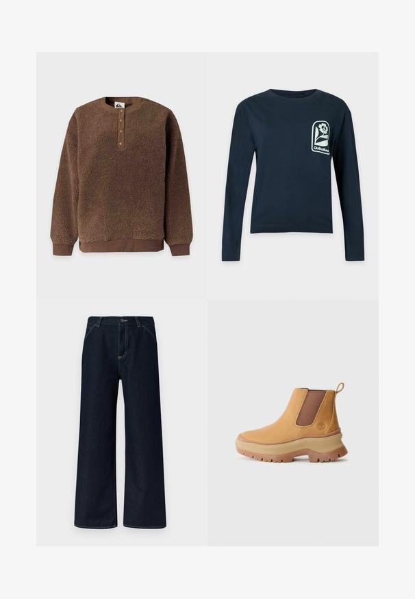Brun fleece-pullover med lange ærmer, ribstrikkede manchetter og kant, rund hals og en tre-knaps skulder. ; Marineblå langærmet skjorte med rund hals og et hvidt blomsterlogo med teksten "Quiksilver" på venstre bryst.; Mørkeblå cowboybukser med brede ben, forreste knap, synlige sømme og bæltestropper, vist på en ensfarvet baggrund.; Brune læder ankelstøvle med elastiske sidepaneler, afrundet tå og tyk gummisål med dyb profil; har en trækstrop bag på hælen.