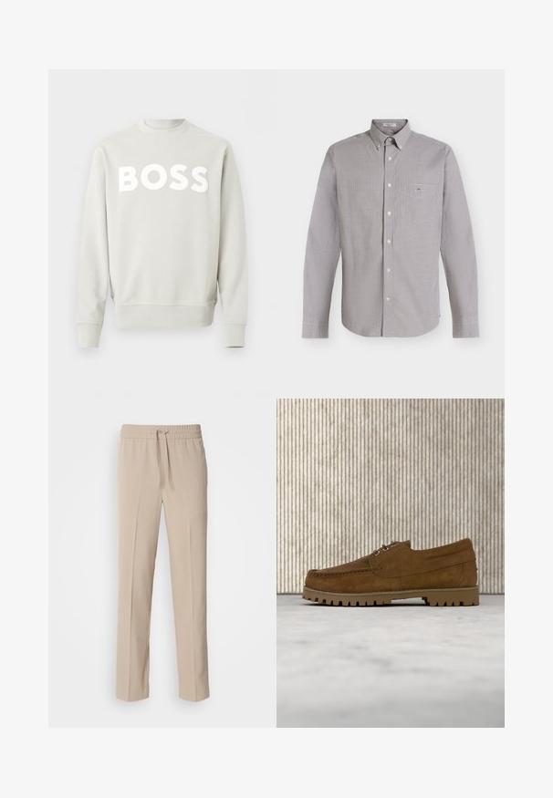 Lysegrå crewneck-sweatshirt med lange ærmer og "BOSS" trykt med store hvide bogstaver på tværs af brystet.; Langærmet skjorte med små sort-hvide tern og en brystlomme foran på lys baggrund.; Beige, afslappede bukser lavet af blødt materiale, med elastisk talje og snøre samt lige ben med minimale detaljer.; Brun ruskind snøresko med tyk rillede sål, der svæver over beige tæppe, med et brunt ovalt bord i baggrunden.