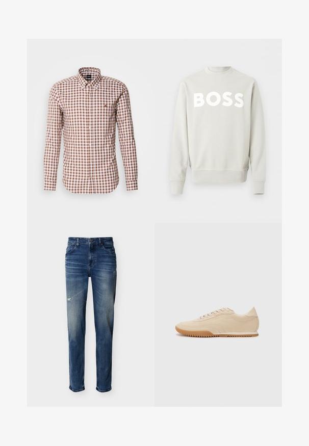 Lysegrå crewneck-sweatshirt med lange ærmer og "BOSS" trykt med store hvide bogstaver på tværs af brystet.; Brun og hvid ternet langærmet skjorte med knap-ned krave og broderet logo på brystet. Bomuldsstoffets tekstur.; Blå denim jeans med let falming og slidte områder, fem-lommer stil, lige ben, knap- og lynlås lukning.; Beige ruskinds sneakers med et strømlinet design, der har et struktureret overdel, rund tå og en gummisål med et zigzag-mønster.