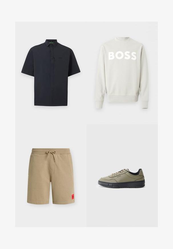 Sweatshirt gris clair à col rond avec manches longues et "BOSS" imprimé en grandes lettres blanches sur la poitrine.; Chemise noire à manches courtes avec patte de boutonnage cachée et col pointu, présentée sur fond blanc.; Shorts décontractés beige avec taille à cordon, poches latérales, et petite étiquette rouge de la marque sur la partie inférieure de la jambe gauche.; Baskets vert olive avec une tige en cuir texturé et une semelle en caoutchouc noire contrastante. Elle présente des lacets beiges et un branding minimal.