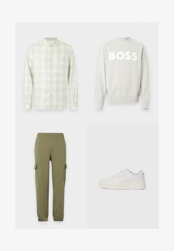 Lysegrå crewneck-sweatshirt med lange ærmer og "BOSS" trykt med store hvide bogstaver på tværs af brystet.; Lysegul ternet langærmet skjorte med knapper og krave, vist fladt mod en hvid baggrund.; Cargo bukser i olivengrønt letvægtsstof, med sidelommer, elastisk talje og taperede manchetter for en tætsiddende pasform.; Hvide sneakers med en tekstureret overdel, perforerede detaljer, en lysegrå mesh-tunge og en cremefarvet gummisål. Har minimal branding på siden.