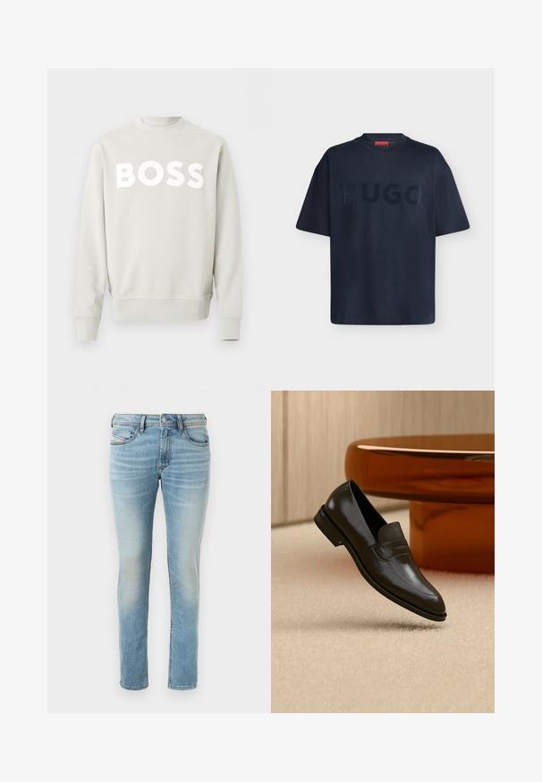 Hellgrauer Sweatshirt mit Rundhalsausschnitt und langen Ärmeln, mit "BOSS" in großen weißen Buchstaben auf der Brust gedruckt.; Schwarzes T-Shirt mit kurzen Ärmeln und dem eingeprägten Markennamen "HUGO" auf der Brust sowie einem roten Etikett im Kragen.; Hellblaue Denim-Jeans mit tailliertem Schnitt, fünf Taschen, subtilen Auswaschungen, mit Knopfverschluss und Gürtelschlaufen.; Schwarzer Lederloafer mit elegantem Design, ausgestattet mit einem strukturierten Band und einer glatten Oberfläche. Vor einem weichen, hellen Hintergrund präsentiert.