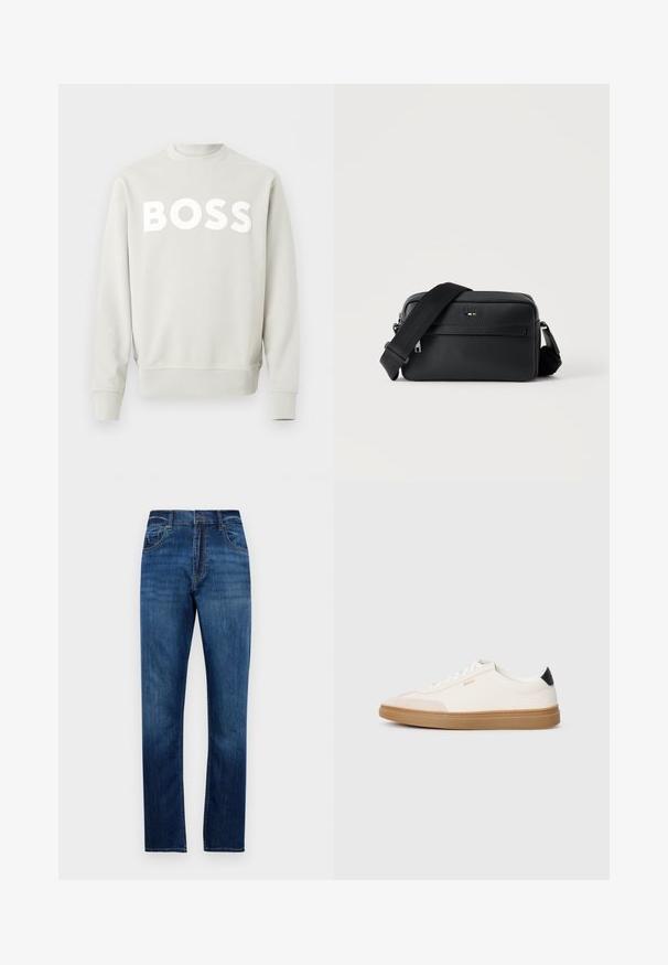 Lichtgrijze crewneck-trui met lange mouwen en "BOSS" in grote witte letters op de borst gedrukt.; Blauwe rechte denim jeans met vijf zakken, riemlussen en knoopsluiting, weergegeven tegen een witte achtergrond.; Witte sneakers met beige accenten, bovenwerk van glad leer, ronde neus en rubberen gumzool, met een zwarte hieltab en subtiele branding.; Zwarte gestructureerde leren crossbodytas met voorvak met ritssluiting en verstelbare brede stoffen schouderband op een witte achtergrond.