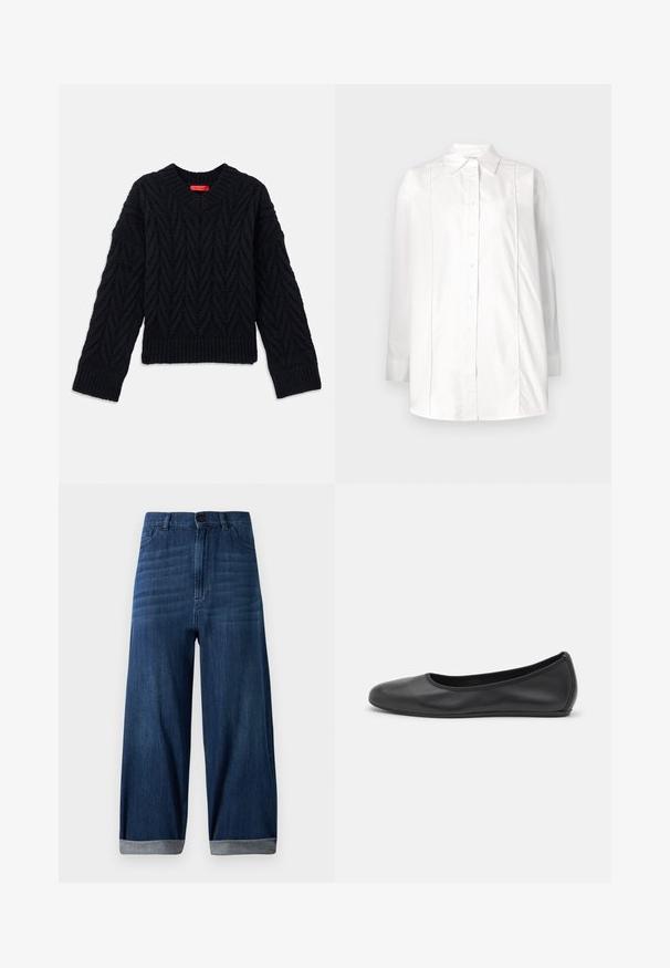 Suéter negro de punto con escote en V, que presenta un patrón de trenzas y puños y dobladillo acanalados. Fabricado con un hilo texturizado para mayor calidez.; Camisa blanca de manga larga hecha de algodón, con cuello clásico, cierre frontal de botones y detalles de pliegues verticales en el torso.; Jeans de mezclilla de pierna ancha en azul oscuro con dobladillos acampanados, botón frontal y bolsillos, sobre un fondo claro y liso.; Bailarina de piel negra con punta redondeada, textura suave, detalle de costura minimalista y diseño de suela flexible.