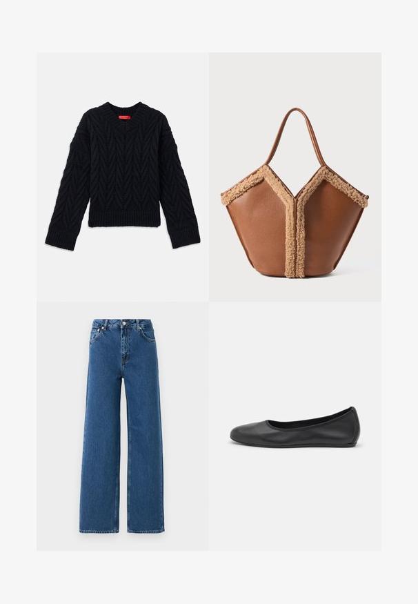 Sort strikket sweater med V-hals, der har et kabelmønster og ribbede manchetter og kant. Lavet af et tekstureret garn for ekstra varme.; Blå høj talje brede bukser med frontknap og lynlås, forlommer og bæltestropper på en hvid baggrund.; Sort læderballetsko med rund tå, glat tekstur, minimal syning og et fleksibelt såldesign.; Brun læder håndtaske med tan shearling kant, der skitserer en geometrisk form, med et eneste rundt håndtag.