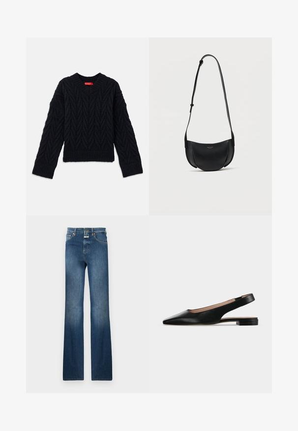 Pull noir en tricot avec un col en V, présentant un motif en cÂble et des poignets et un ourlet côtelés. Fabriqué à partir d'un fil texturé pour plus de chaleur.; Jeans en denim bleu foncé avec une coupe droite, cinq poches et une fermeture à bouton. Des accents décolorés sur les cuisses mettent en valeur la texture.; Chaussure plate en cuir noir avec bride arrière, bout pointu et petit talon carré sur fond blanc.; Sac bandoulière en cuir noir en forme de croissant avec bandoulière réglable et petit logo doré au centre avant.