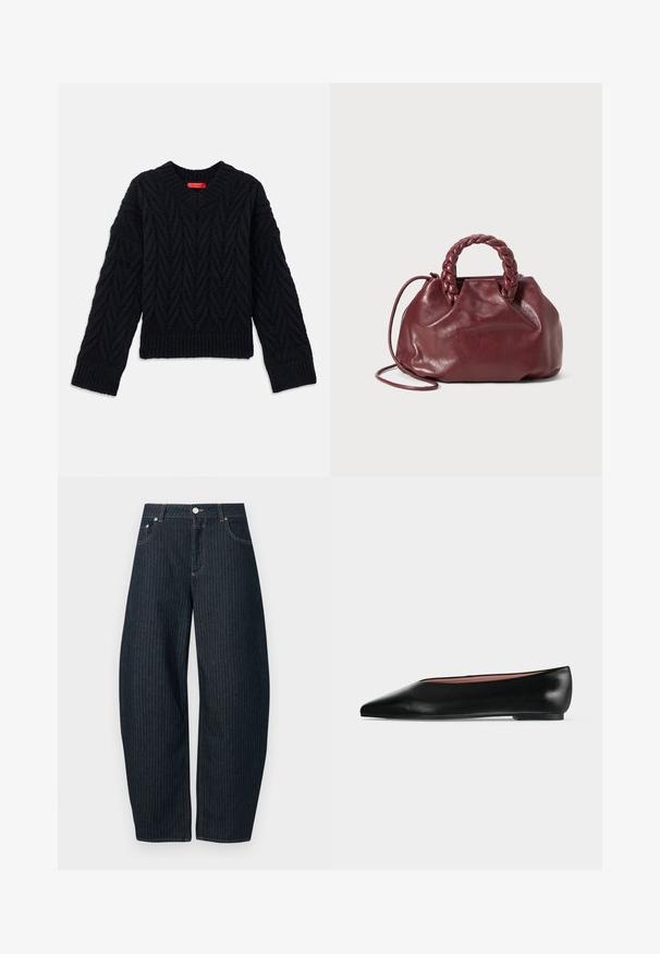 Sort strikket sweater med V-hals, der har et kabelmønster og ribbede manchetter og kant. Lavet af et tekstureret garn for ekstra varme.; CLOSED JAZZIE - Jeans Relaxed Fit - dark blue; Sort damesko i læder med flad hæl og spids tå, vist fra siden på en ensfarvet lys grå baggrund.; Burgundy lædertaske med et flet-håndtag, blød tekstur og en rund form. Har en aftagelig skulderrem for alsidighed.