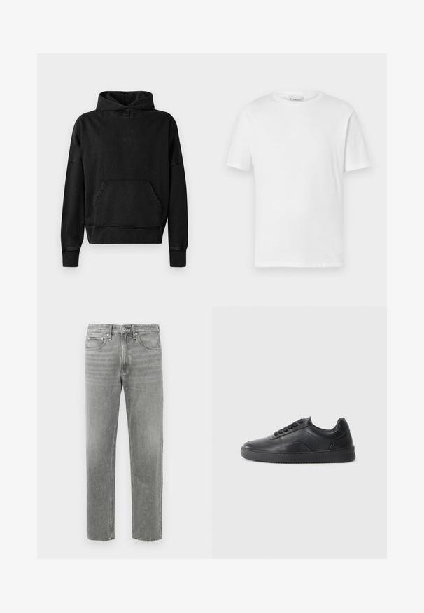 Sort hættejakke med frontlomme, ribbede manchetter og kant. Har et minimalistisk design med et lille "WON" logo på brystet. Blødt stof.; Hvid kortærmet t-shirt lavet af bomuld. Har en rund halsudskæring og lige kant. Ingen mønstre eller udsmykninger. Enkel design.; Grå denim jeans med lige ben, der har et klassisk fem-lomme-design og subtilt slid for tekstur. Standard lynlåslukning.; Sorte lædersneakers med en glat finish, rund tå, struktureret sidelæder og sorte snørebånd. Har en flad gummisål og et minimalistisk design.