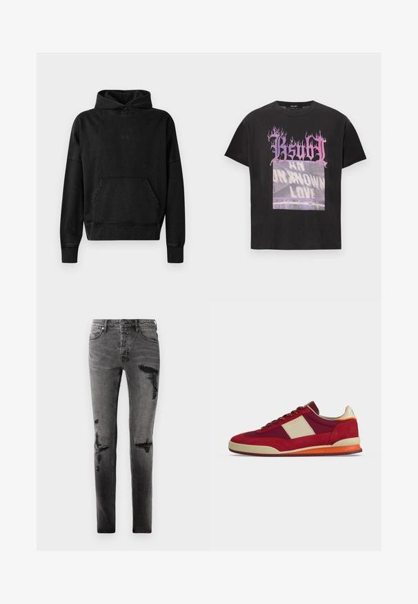 Schwarze Kapuzenjacke mit einer Fronttasche, gerippten Bündchen und Saum. Hat ein minimalistisches Design mit einem kleinen "WON"-Logo auf der Brust. Weicher Stoff.; Schwarzes T-Shirt mit kurzen Ärmeln, bedruckt mit dem Schriftzug "KSUBI" in lila Flammen-Schriftart und einem grafischen Motiv mit den Worten "AN UNKNOWN LOVE." Hergestellt aus Baumwollmaterial.; Schwarze Denim-Jeans mit Rissdetails, schlankem Schnitt, fünf Taschen und klassischem Reißverschluss. Abgetragenes Aussehen mit verblassten Stellen.; Niedriger Sneaker aus rotem Wildleder und Stoff mit beigem Seitenpanel, orangen Akzenten und brauner Gummisohle, Seitenansicht vor weißem Hintergrund.