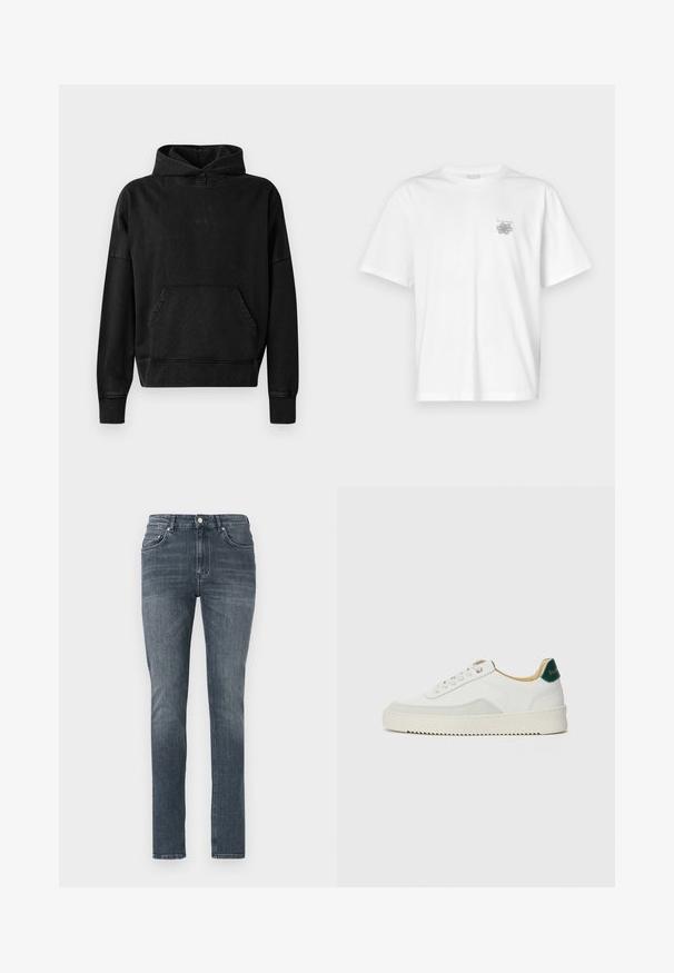 Zwarte hoodie met een voorzak, ribbels aan de mouwen en de onderkant. Heeft een minimalistisch ontwerp met een klein "WON"-logo op de borst. Zachte stof.; Witte t-shirt van katoen met korte mouwen, een ronde hals, en een klein grijs logo op de linker borstzijde. Soepele textuur.; Slim-fit donkerblauwe spijkerbroek met een vervaagd uiterlijk, voorzakken en een traditionele knoopsluiting. Gladde textuur en rechte pijpen.; Witte sneaker met suède accenten, ronde neus, platte veters en een crème rubberen zool. Bevat groene branding op de hiel.